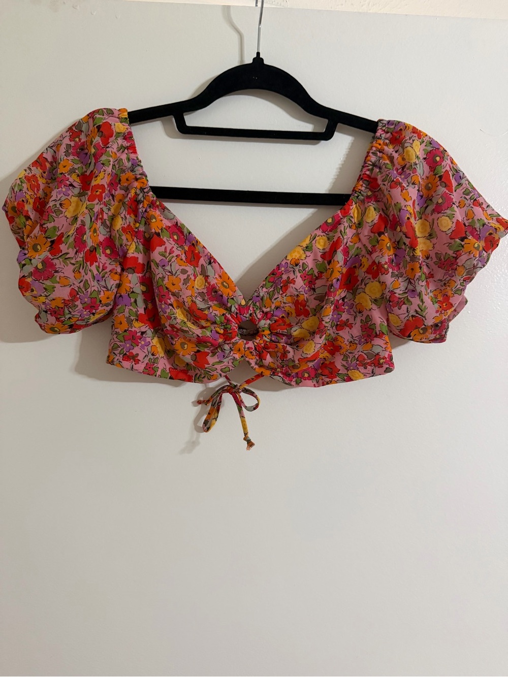 wild fable Pink Floral Tie-Front Puff Sleeve Crop Top